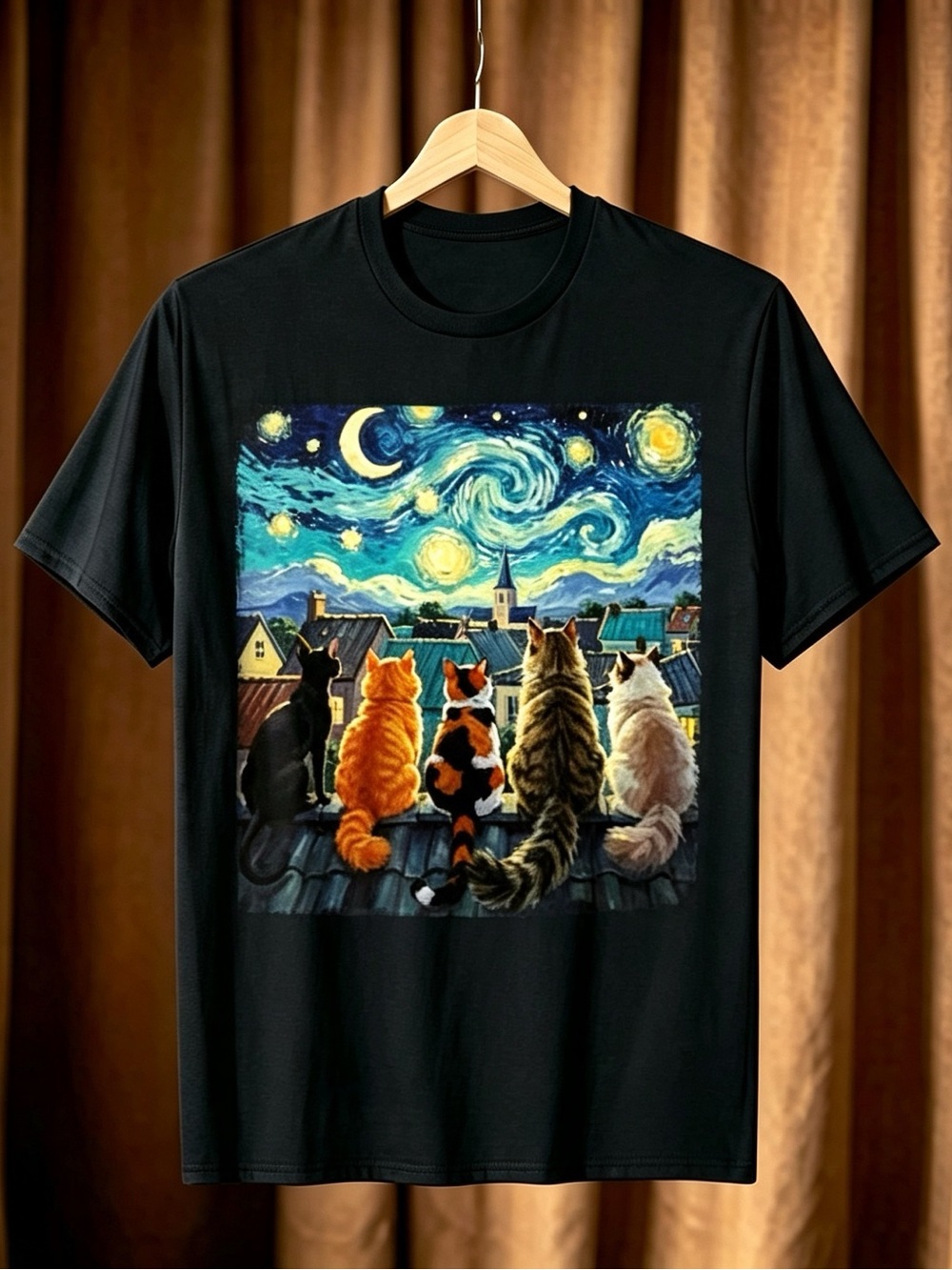Funny Cat Starry Night Van Gogh Cats Rooftop Scene Feline T-Shirt